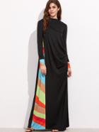 Romwe Colorful Striped Panel And Cuff Drape Side Maxi Dress