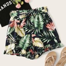 Romwe Tropical Print Self Tie Shorts