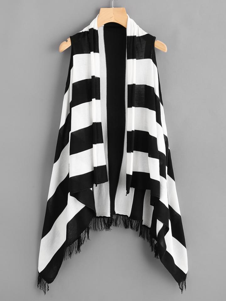 Romwe Striped Fringe Asymmetrical Hem Sleeveless Coat