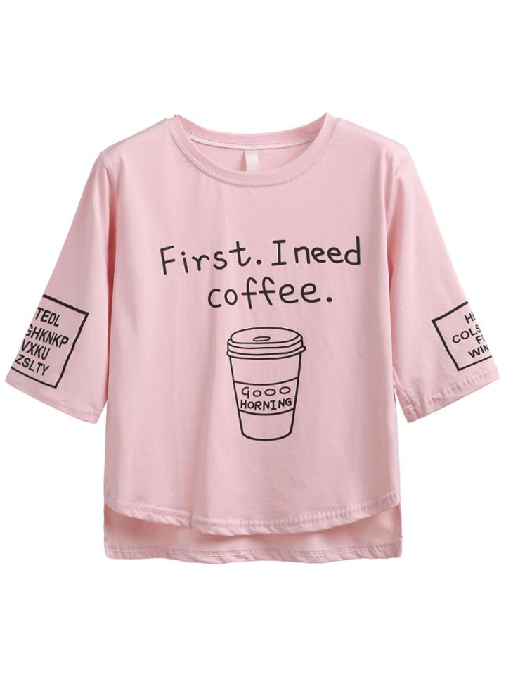 Romwe Pink Coffee Cup Slogan Print T-shirt