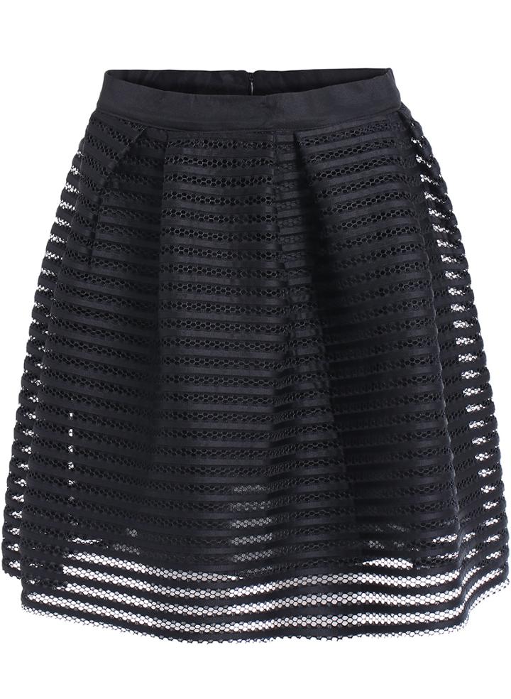 Romwe Black Hollow Flare Striped Chiffon Skirt