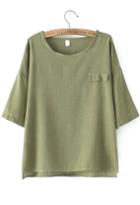 Romwe Dip Hem With Pocket Army Green T-shirt