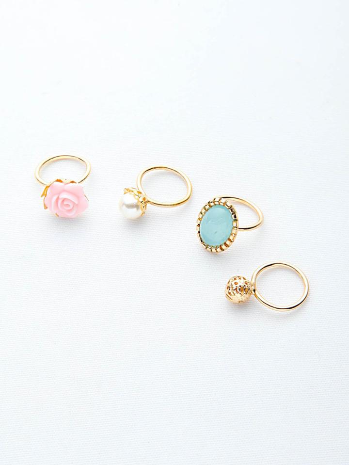 Romwe Colorful Various Shapes Elegant Rings Set 4pcs