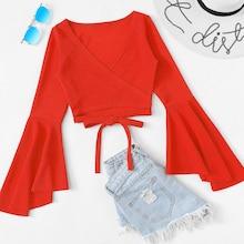 Romwe Tie Front Flounce Sleeve Wrap Top