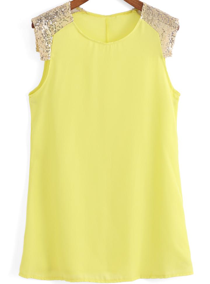 Romwe Neon Yellow Round Neck Sequined Chiffon Dress