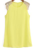 Romwe Neon Yellow Round Neck Sequined Chiffon Dress