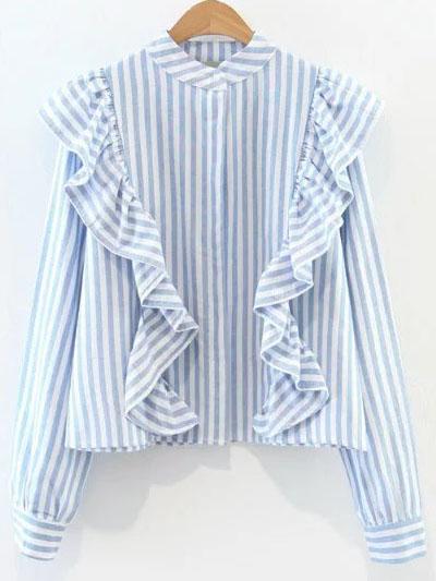 Romwe Blue And White Striped Band Collar Ruffle Trim Blouse