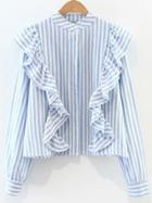 Romwe Blue And White Striped Band Collar Ruffle Trim Blouse