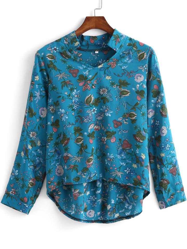 Romwe Blue Long Sleeve Floral Dip Hem Blouse