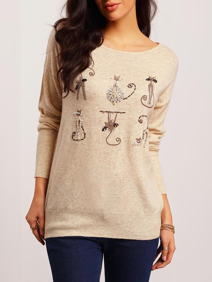 Romwe Mesh Insert Crochet Dropped Shoulder Seam Beaded Jumper