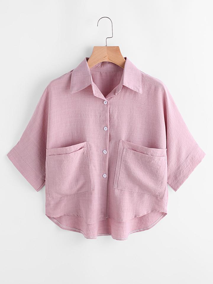 Romwe High Low Dual Pockets Front Shirt