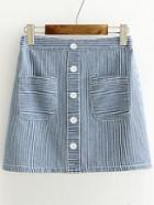 Romwe Blue Striped Single Breasted Denim Skirt