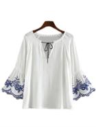 Romwe Blue Embroidery Bell Sleeve Lace Up Blouse