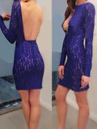 Romwe Long Sleeve Open Front Backless Lace Blue Dress