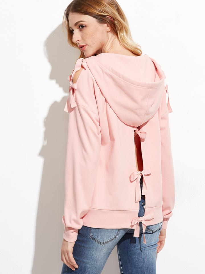 Romwe Pink Tied Split Shoulder And Back Zip Up Hoodie