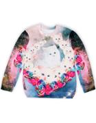 Romwe Multicolor Rose Cats Print Loose Sweatshirt
