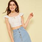 Romwe Solid Knot Ruffle Sleeve Crop Top