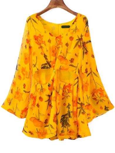 Romwe V Neck Cut Out Flower Print Chiffon Romper