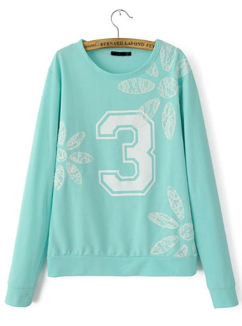 Romwe Blue No.3 Print Sweatshirt With Lace Flowers