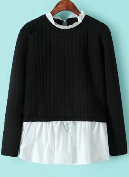 Romwe Contrast Flouncing Hem Cable Pattern Black T-shirt