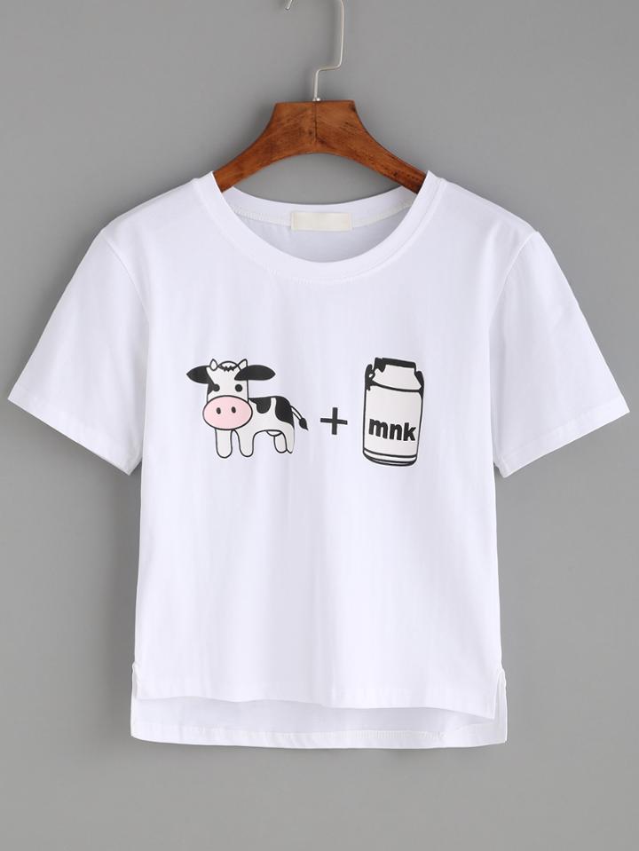 Romwe White Cartoon Print High Low T-shirt