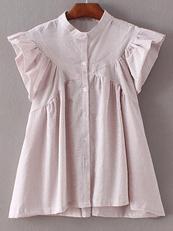 Romwe Multicolor Bell Sleeve Buttons Front Striped Blouse