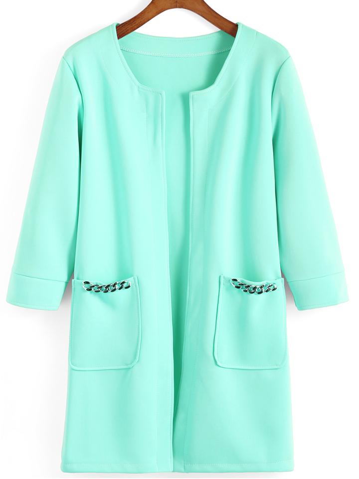 Romwe Round Neck Chain Embellished Green Coat