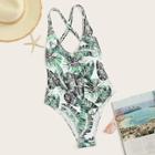 Romwe Leaf Print Seam Trim Crisscross One Piece Swimsuit