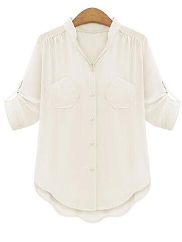 Romwe Double Pocket Rolled Sleeve Blouse