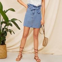 Romwe Paperbag Waist Light Wash Self Belted Denim Skirt