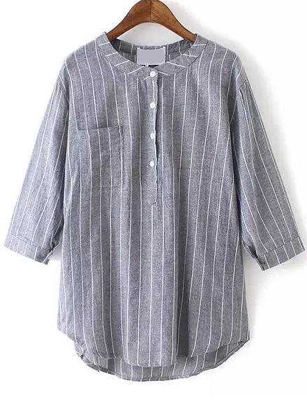 Romwe Half Sleeve Vertical Striped Pocket Grey Blouse