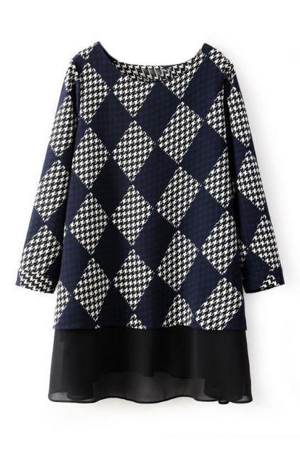 Romwe Houndstooth Print Mesh Panel Dress