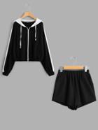 Romwe Contrast Hood Sweatshirt & Shorts Set