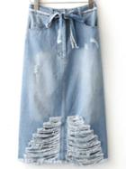 Romwe Blue Ripped Tie Waist Slit Denim Skirt