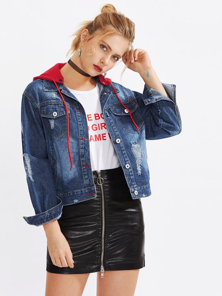 Romwe Ripped Drop Shoulder Hooded Denim Jacket