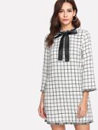 Romwe Tie Neck Frayed Trim Grid Tweed Dress