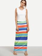 Romwe White Bow Tie Back Top With Multi Striped Skirt