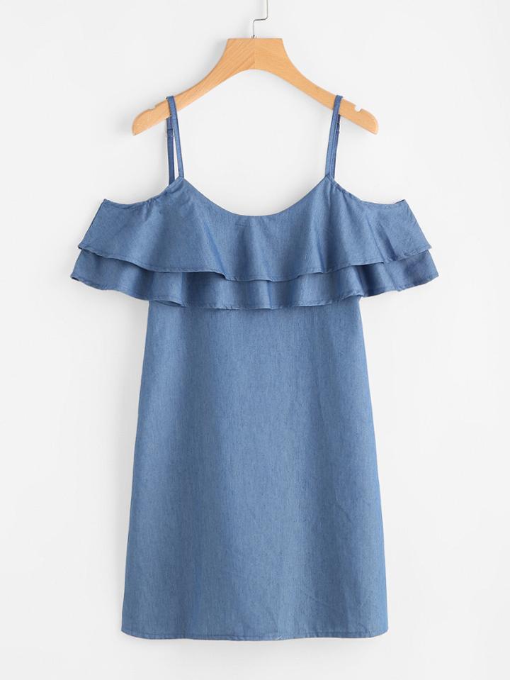 Romwe Tiered Frill Trim Chambray Dress