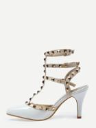 Romwe White Pointed Out Studded Slingbacks Heels