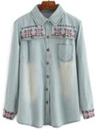 Romwe Blue Lapel Bleached Embroidered Denim Blouse