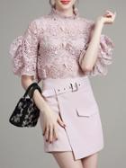Romwe Pink Crochet Hollow Out Ruffle Two-piece Dress