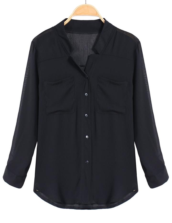 Romwe Pockets Loose Black Blouse