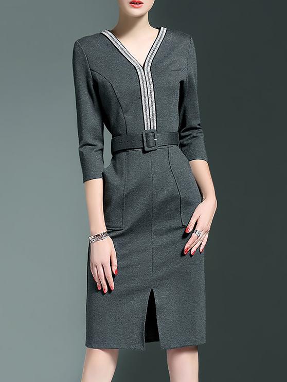Romwe Grey V Neck Belted Pockets Sheath Dress