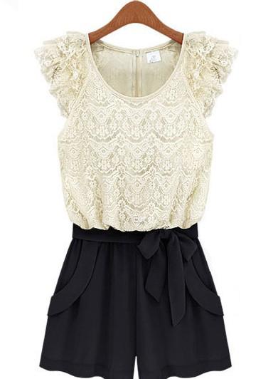 Romwe Colour-block Sleeveless Lace Belt Jumpsuit