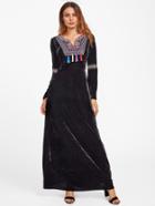 Romwe Tasseled Embroidered Yoke Bell Sleeve Velvet Dress