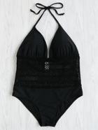 Romwe Eyelet Lace Panel Waist Swimsuit