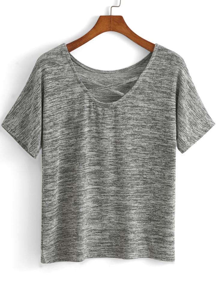 Romwe Criss Cross Front Grey T-shirt