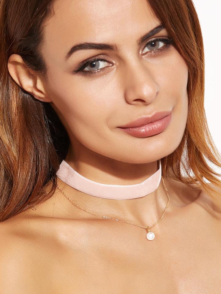 Romwe Pink Faux Pearl Pendant Layered Velvet Choker