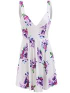 Romwe Deep V Neck High Low Florals Dress