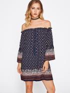 Romwe Off Shoulder Allover Printed Drawstring Dress